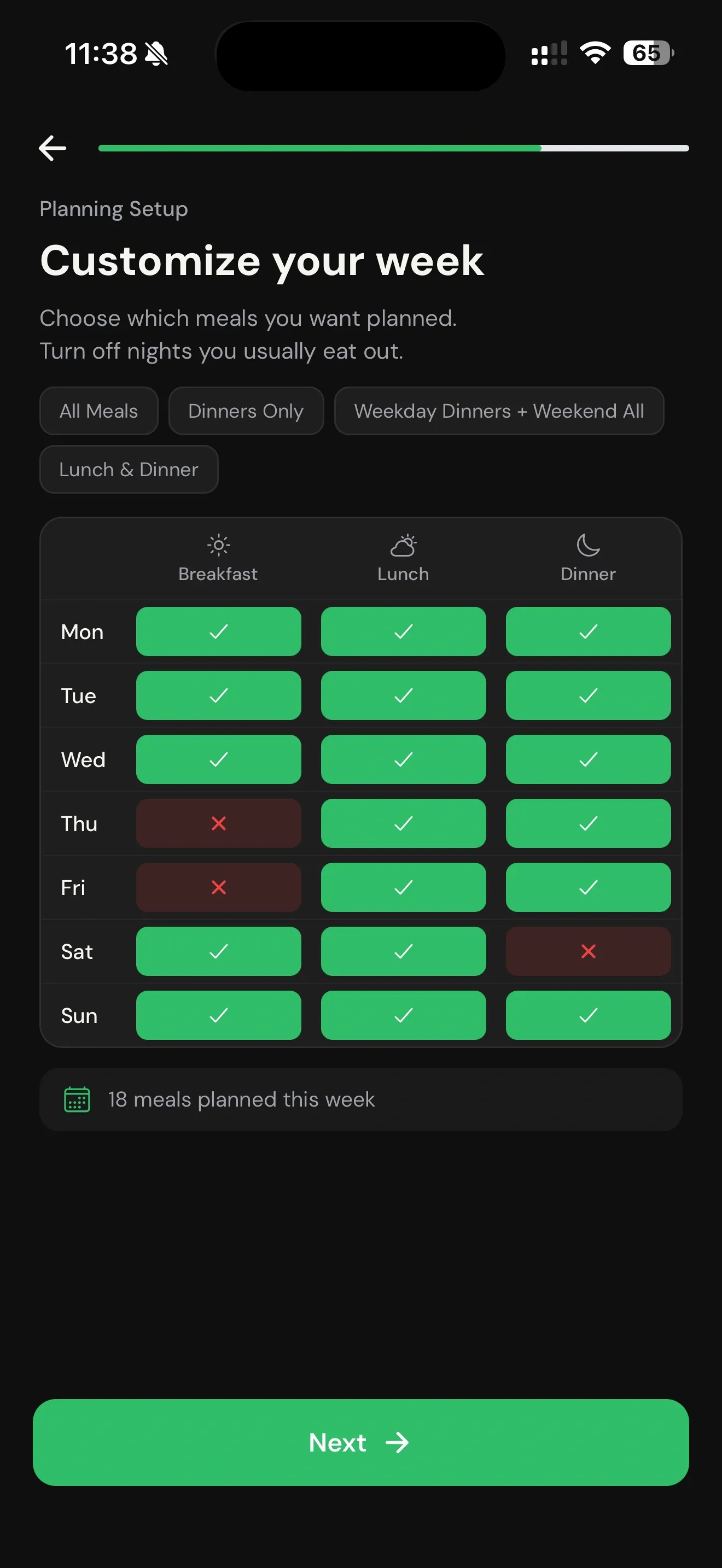 Customize weekly meals