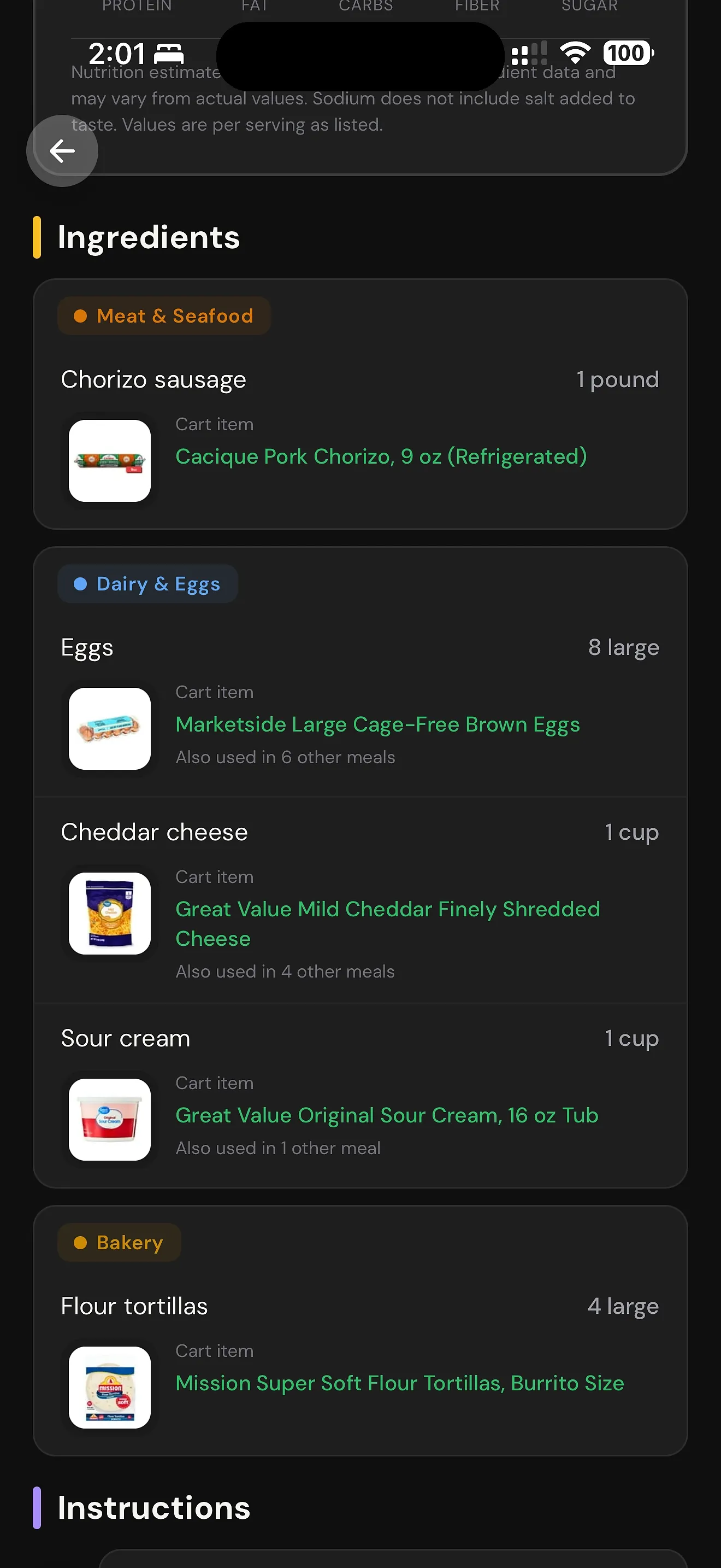 Ingredient-to-product match screen with Walmart grocery items