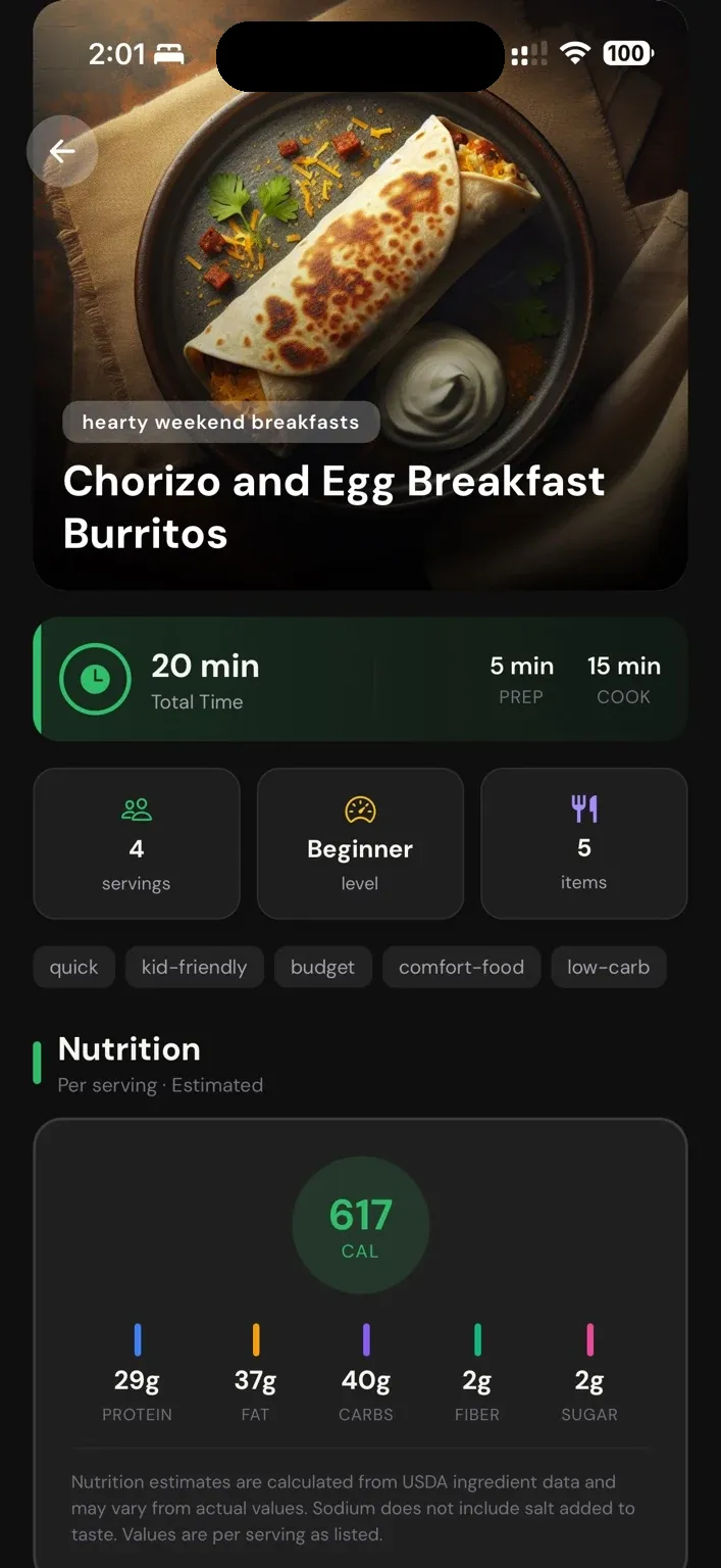 Recipe detail and nutrition screen