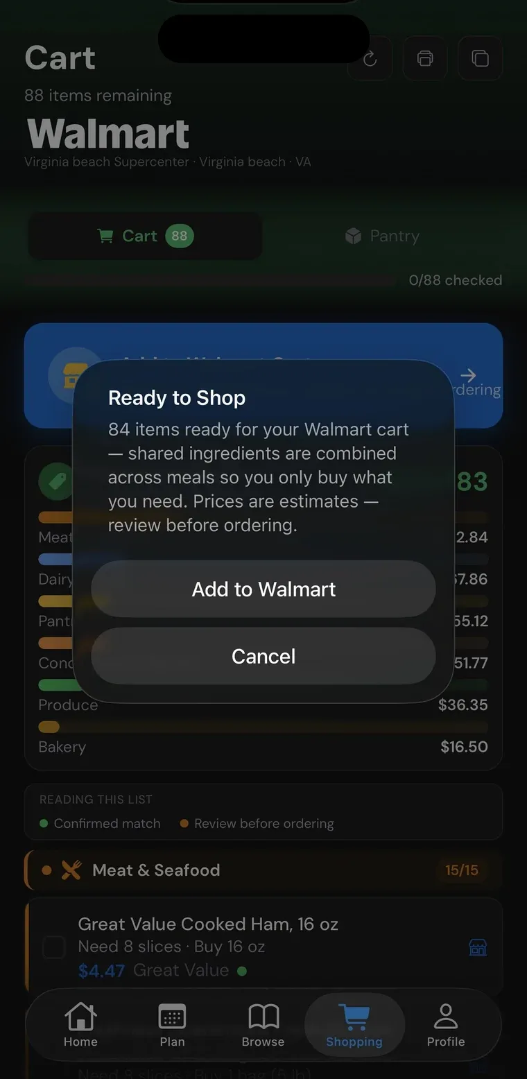 Zenx Walmart send-to-cart confirmation showing matched grocery items ready for cart handoff
