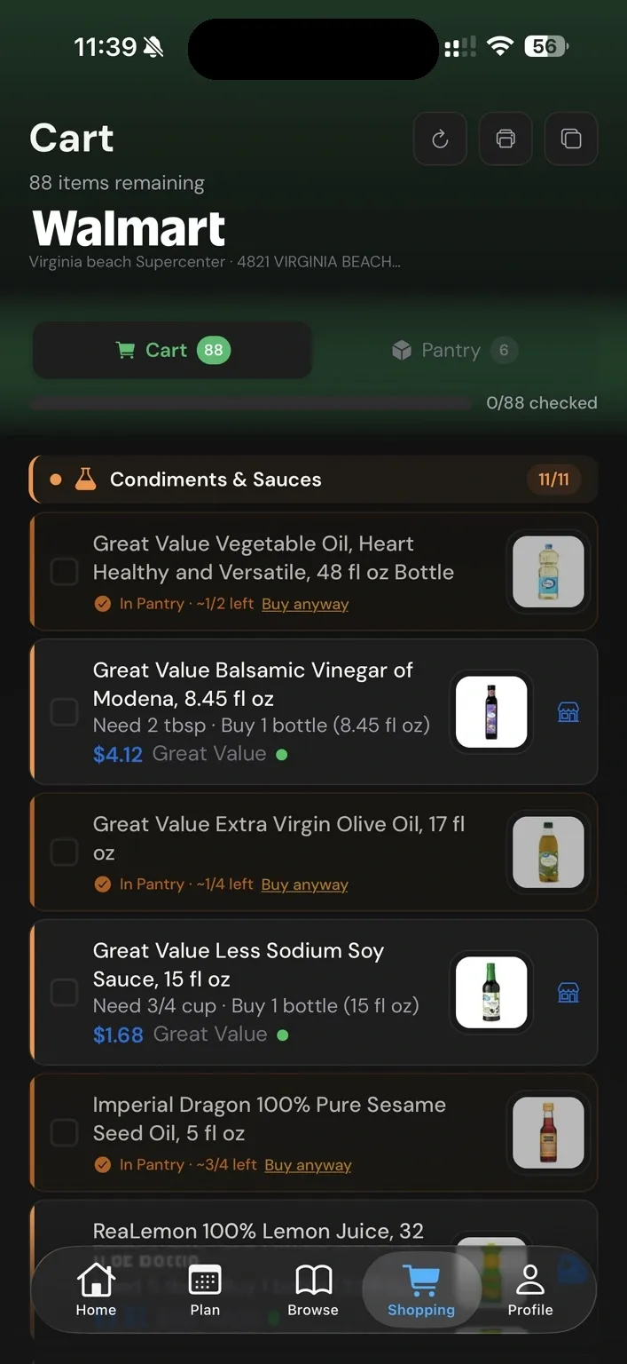Zenx Walmart cart screen with pantry-aware grocery rows