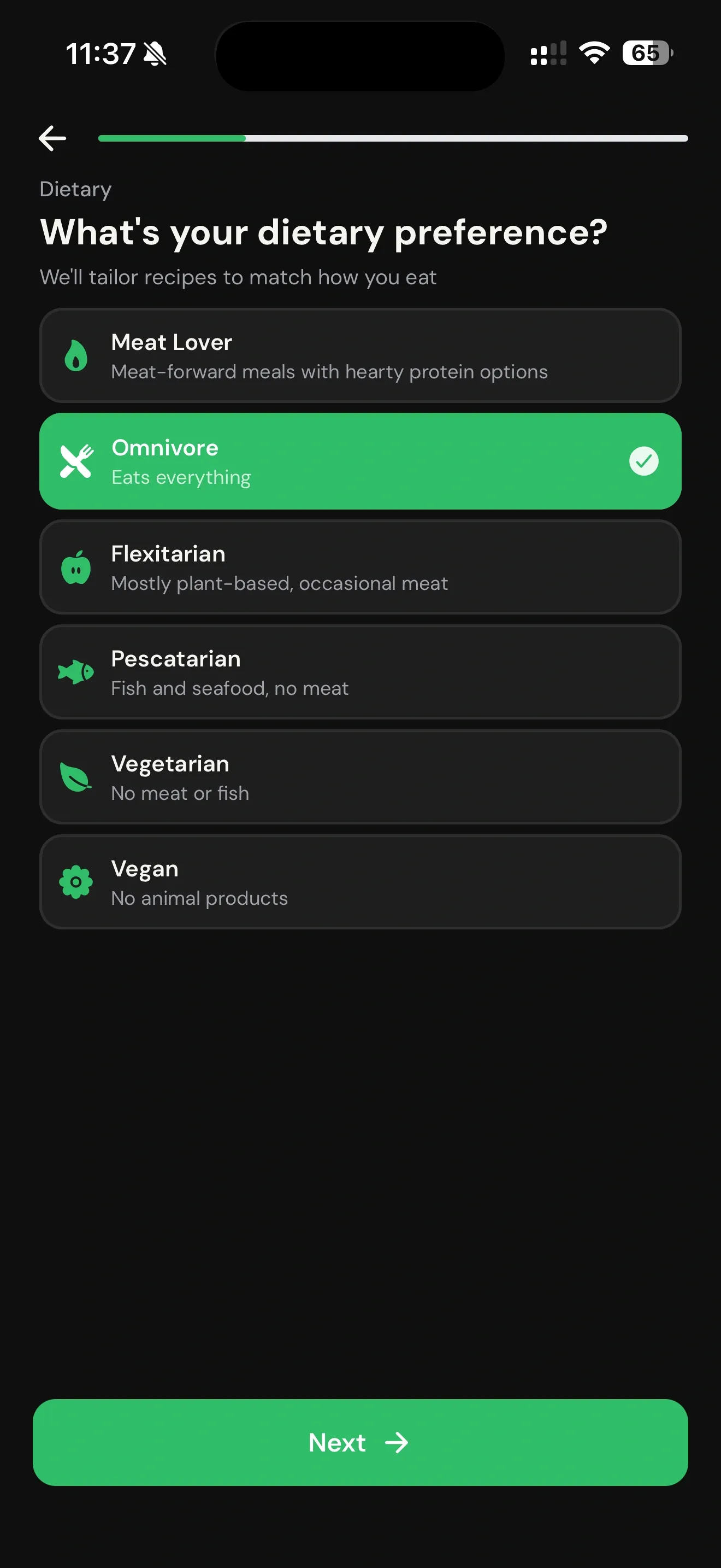 Zenx dietary preference screen