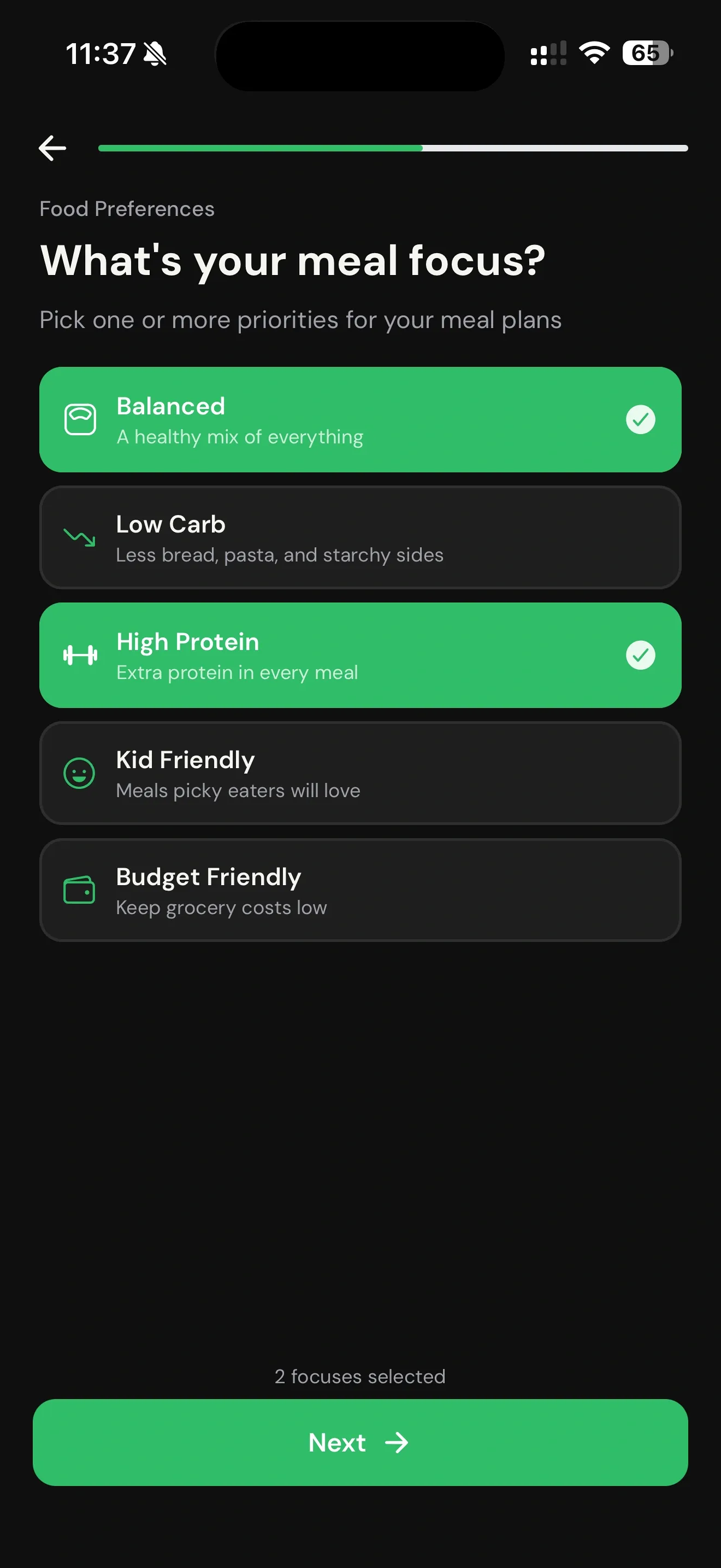 Zenx meal focus setup screen