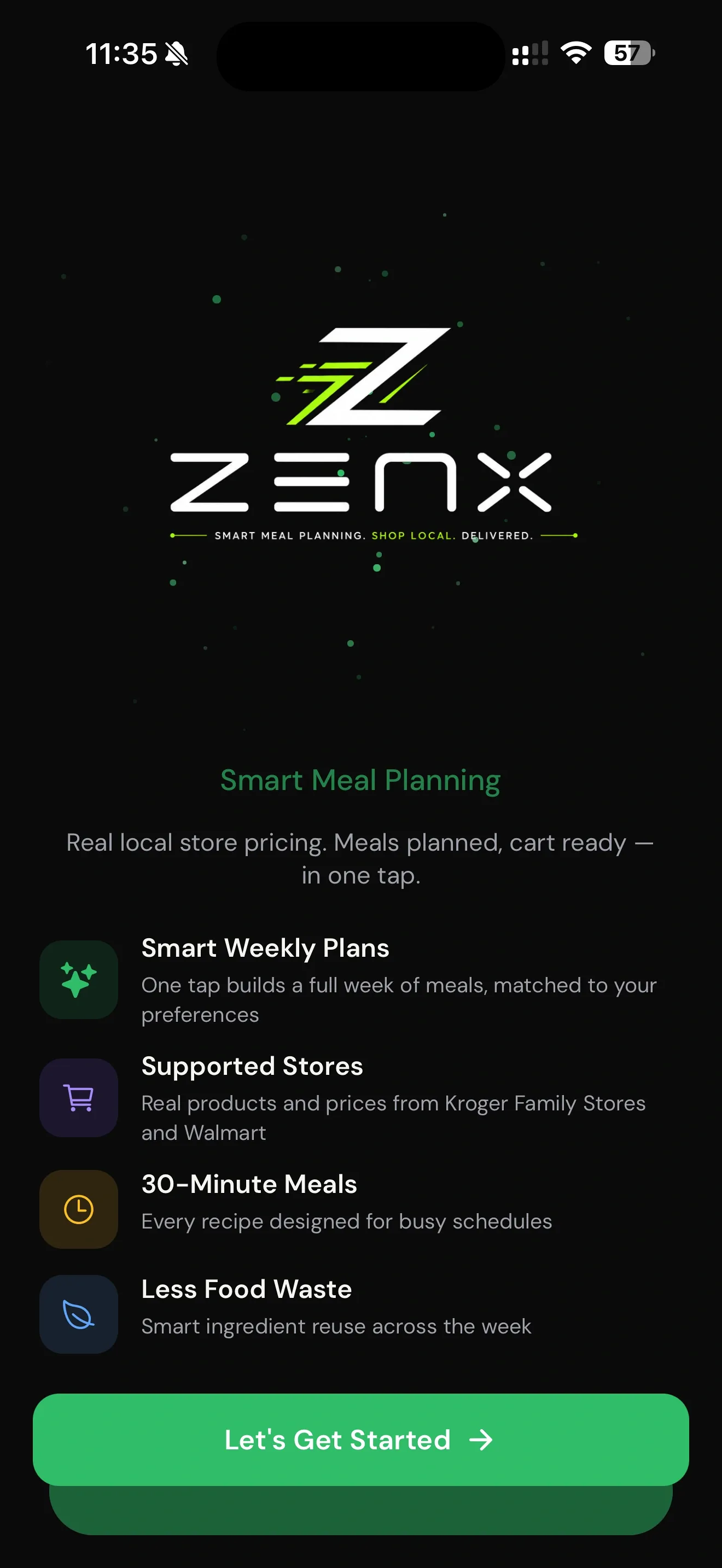 Current Zenx welcome screen with Smart Meal Planning headline