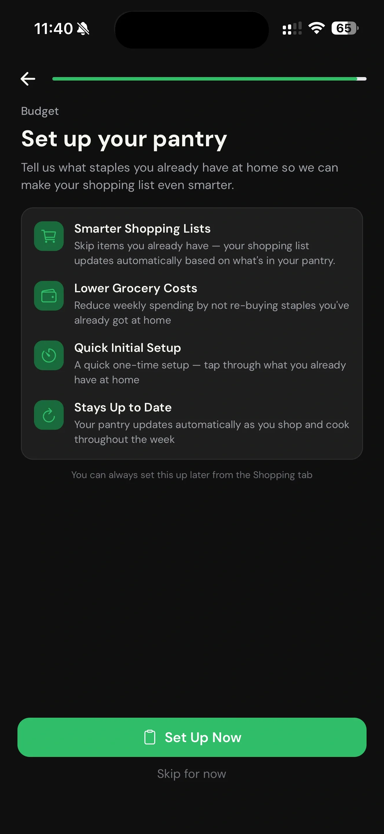 Zenx Smart Pantry setup screen