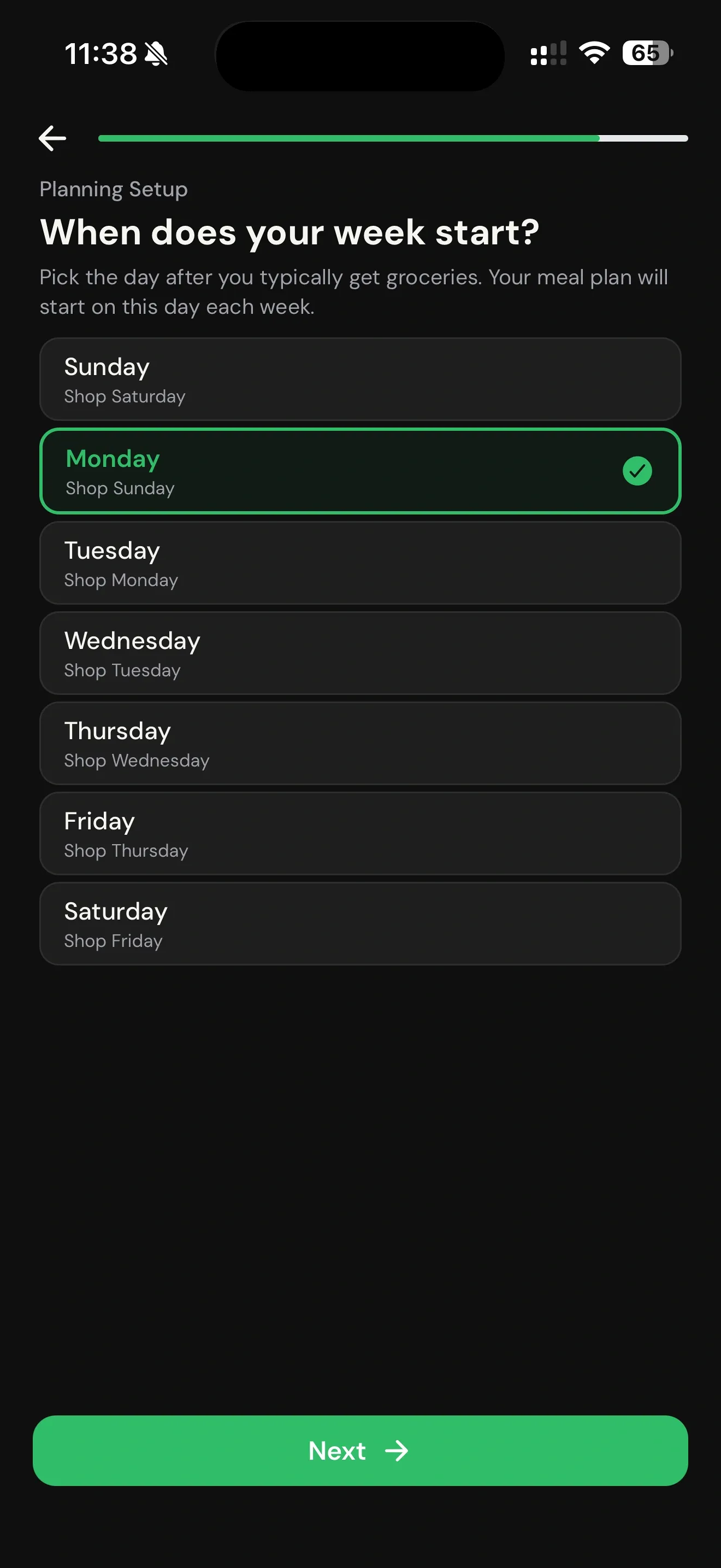 Zenx week start setup screen