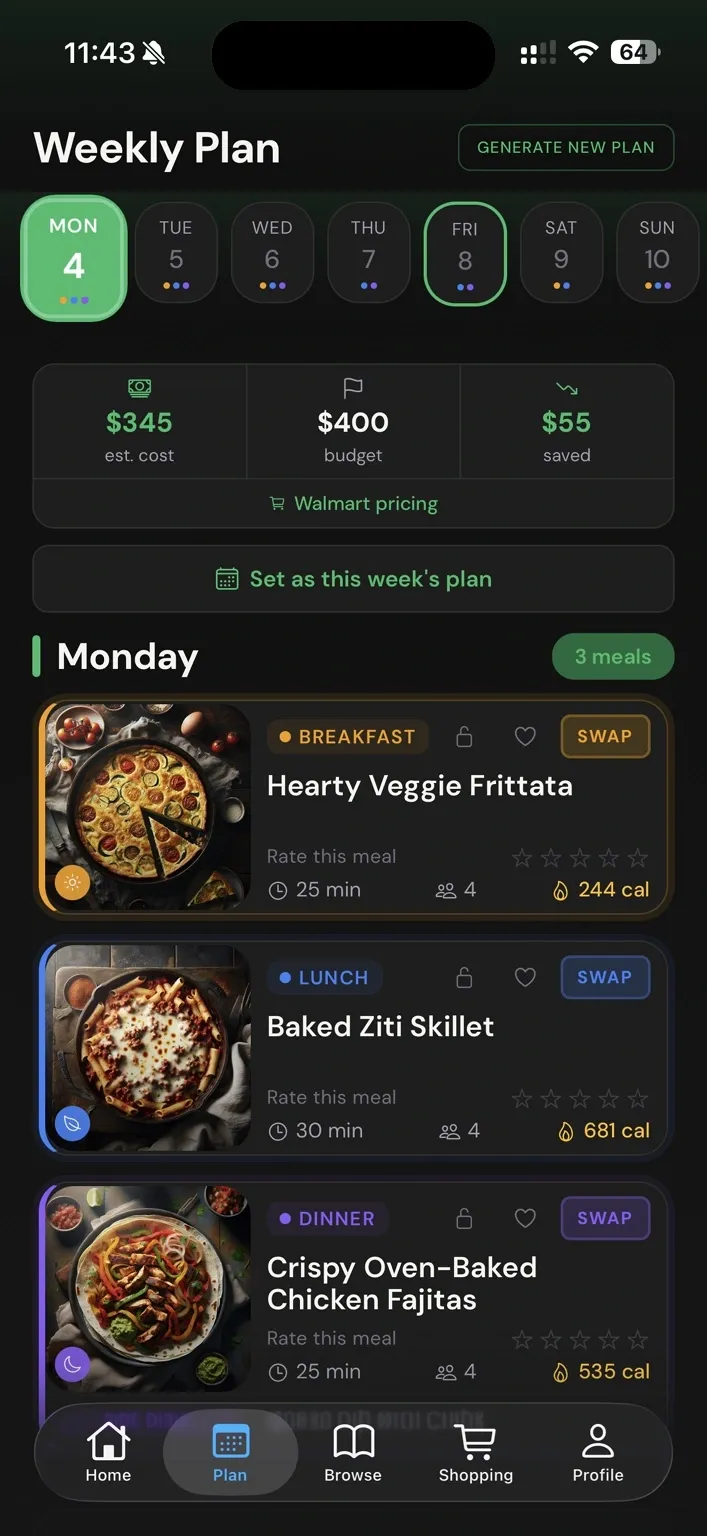 Zenx weekly plan with cart-ready Walmart budget summary
