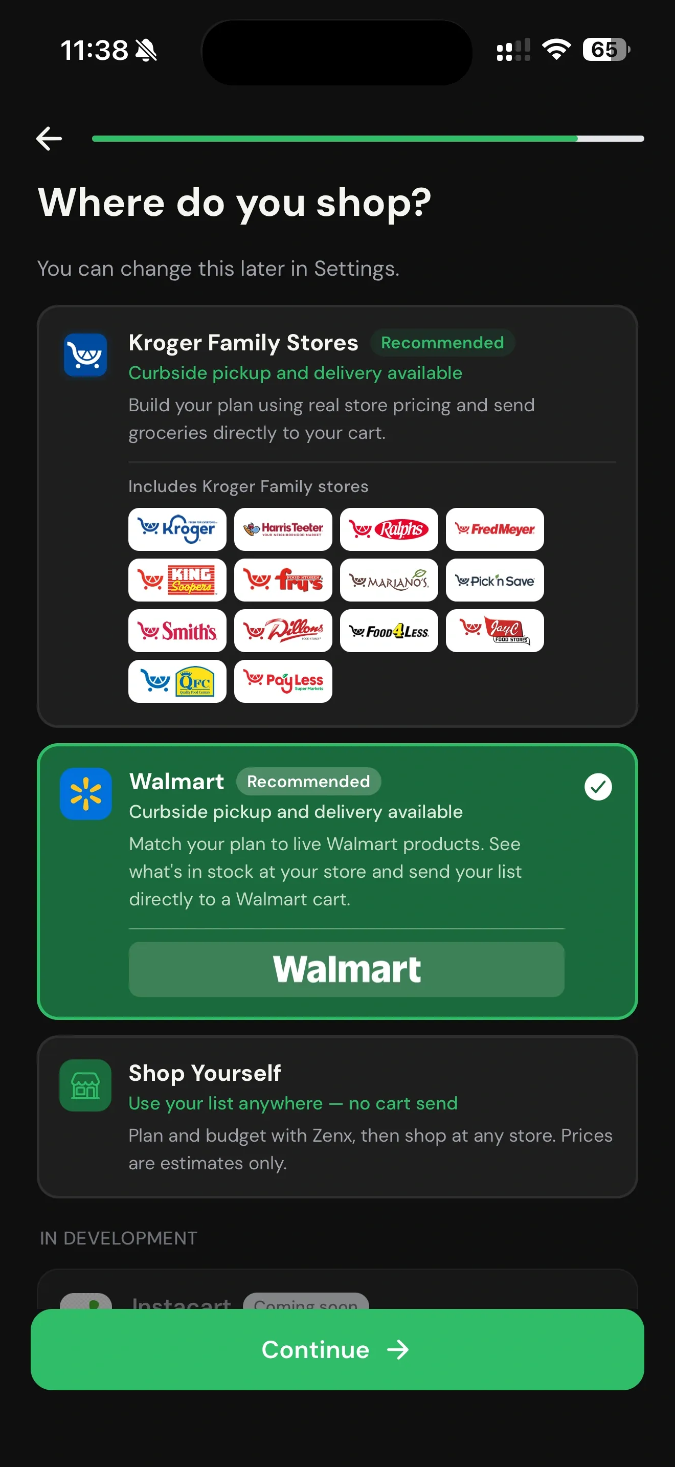 Zenx store selection with Walmart and Kroger-family stores